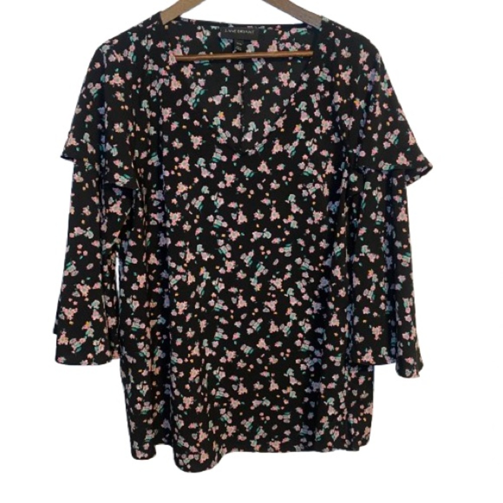 Lane Bryant Floral Boho Black V-neck Blouse Shirt